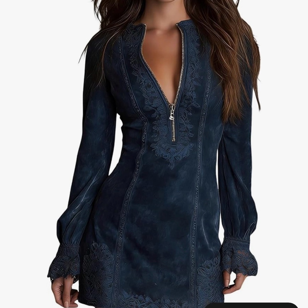 Blue Zip-Front Long Sleeve Mini Dress